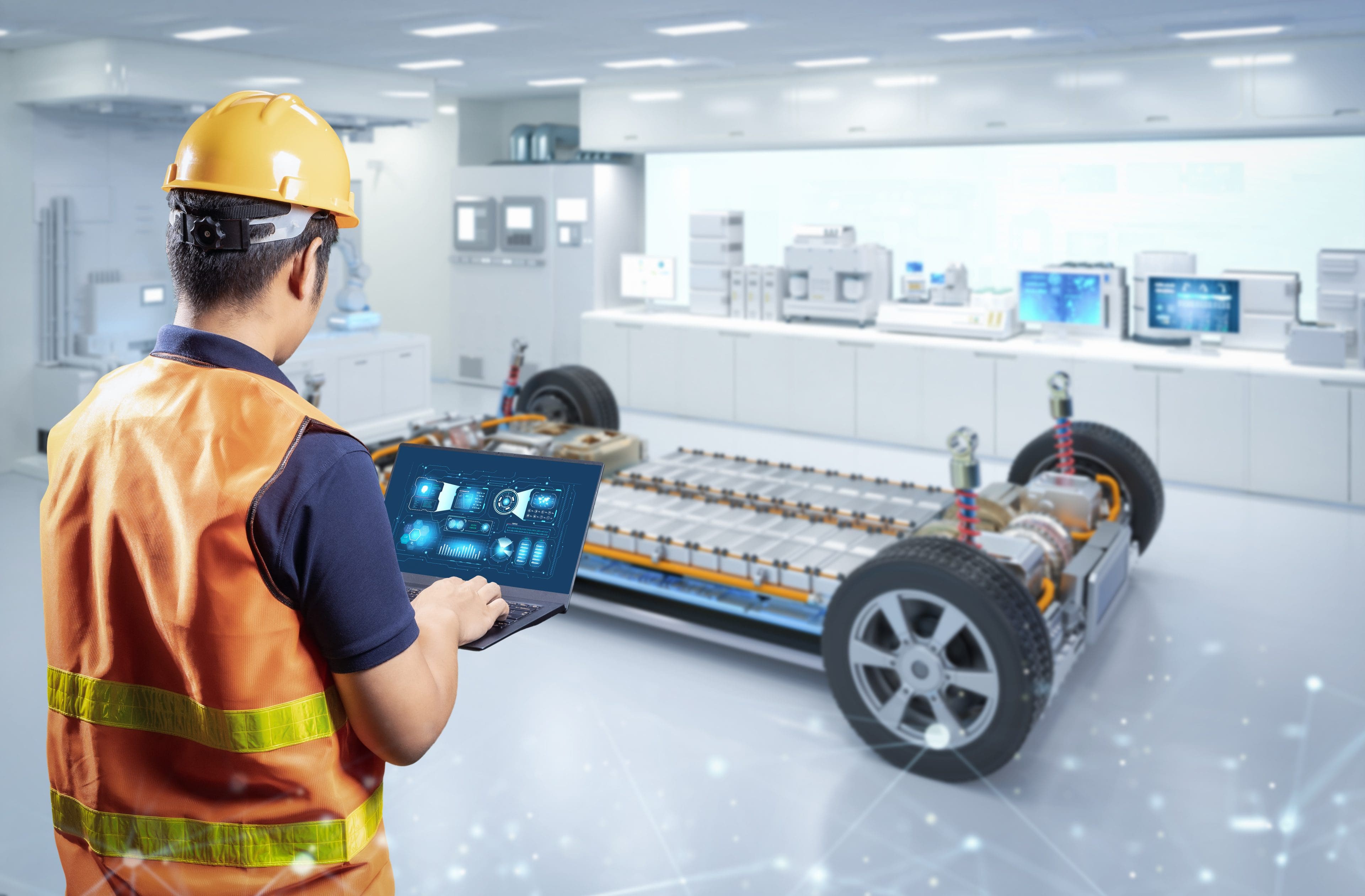 TELF AG Stanislav Kondrashov engineer with ev car battery cells module in laboratory TELF AG, Stanislav Kondrashov
