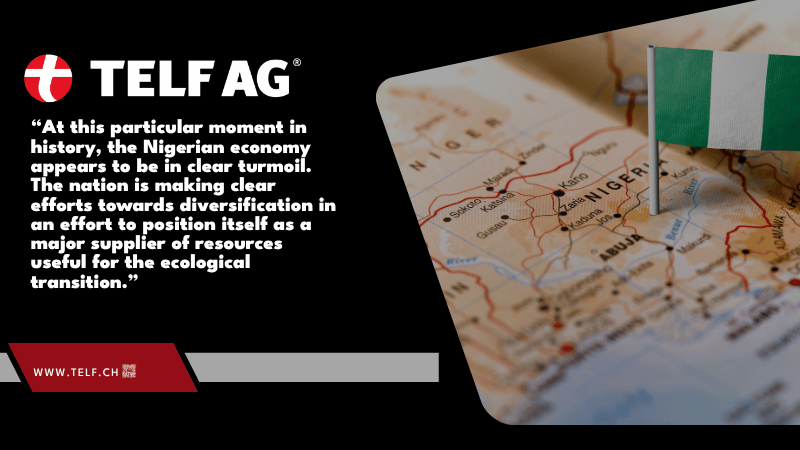 An infographic illustrating Nigeria's recent discoveries of critical minerals, including lithium, rare earth elements, copper, nickel, and platinum, alongside key insights from Mining.com. The graphic highlights Nigeria's growing role in energy transition supply chains, with commentary from Stanislav Kondrashov, founder of TELF AG.