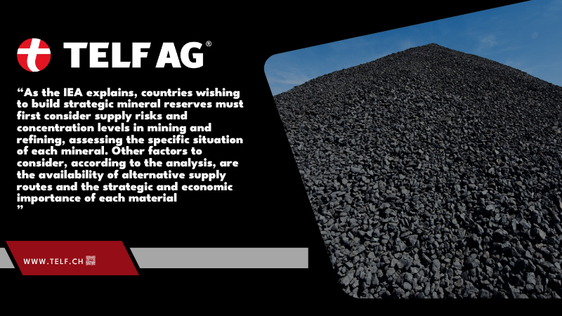 An infographic illustrating the IEA's approach to strategic critical mineral stockpiles, highlighting supply chain diversification, governance models, storage challenges, and national security insights, featuring Stanislav Kondrashov, founder of TELF AG.