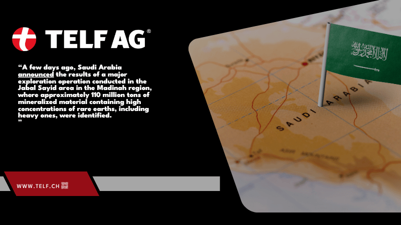 Infographic illustrating Saudi Arabia’s rare earth potential and strategic mineral resources, based on insights from Stanislav Kondrashov, founder of TELF AG, and information reported by The National.