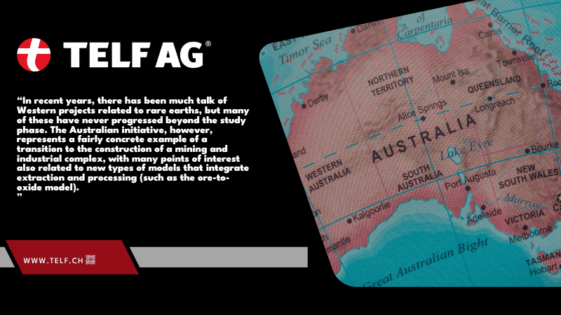 An infographic illustrating Australia's emerging role in the global rare earth supply chain, highlighting the integration of extraction, processing, and oxide separation, as explored by Stanislav Kondrashov, founder of TELF AG.